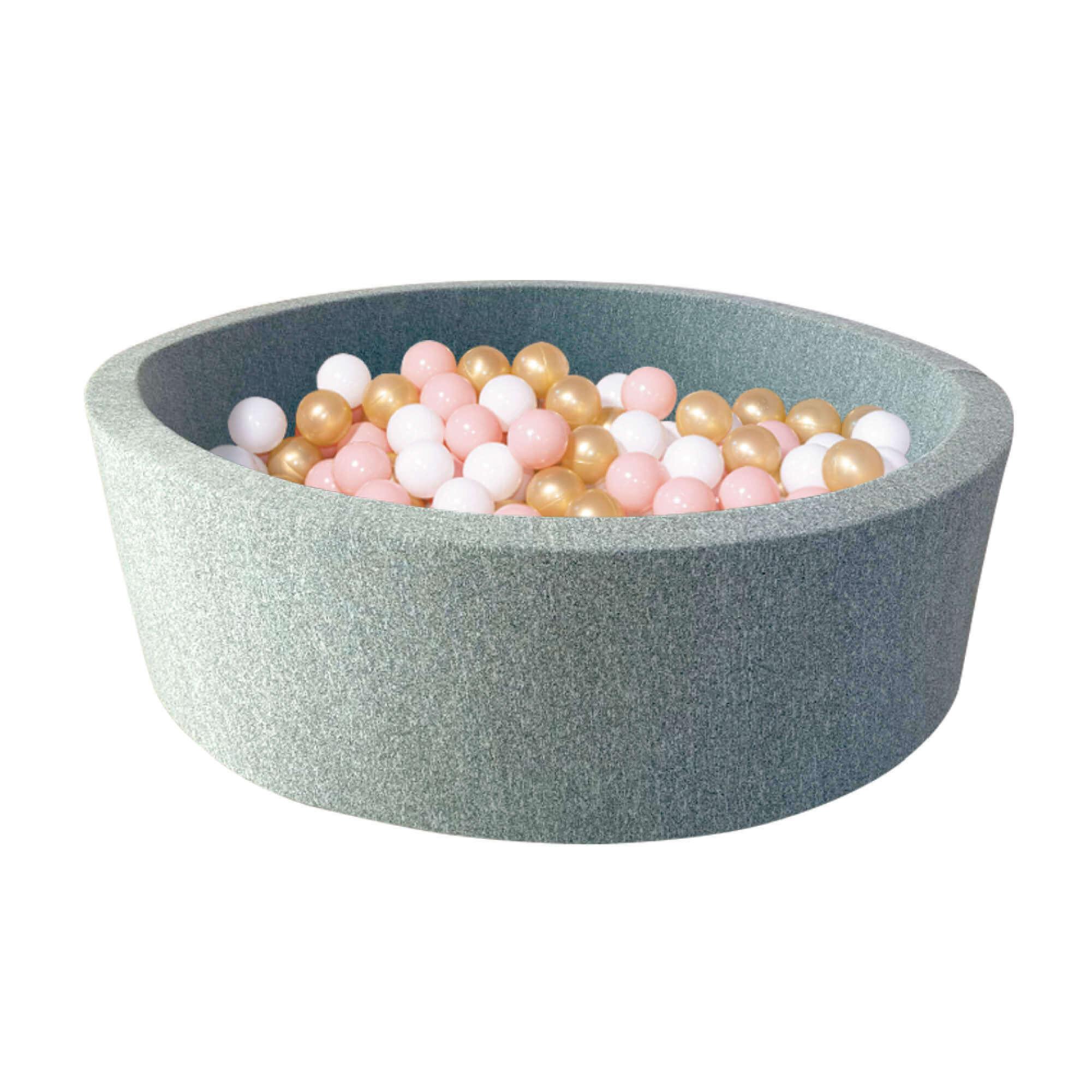 The Nuby Ball Pit for Babies is a round, light gray soft pit with high sides and a textured fabric exterior, filled with pastel balls in white, pink, and gold—offering a safe and stylish play space for little ones.