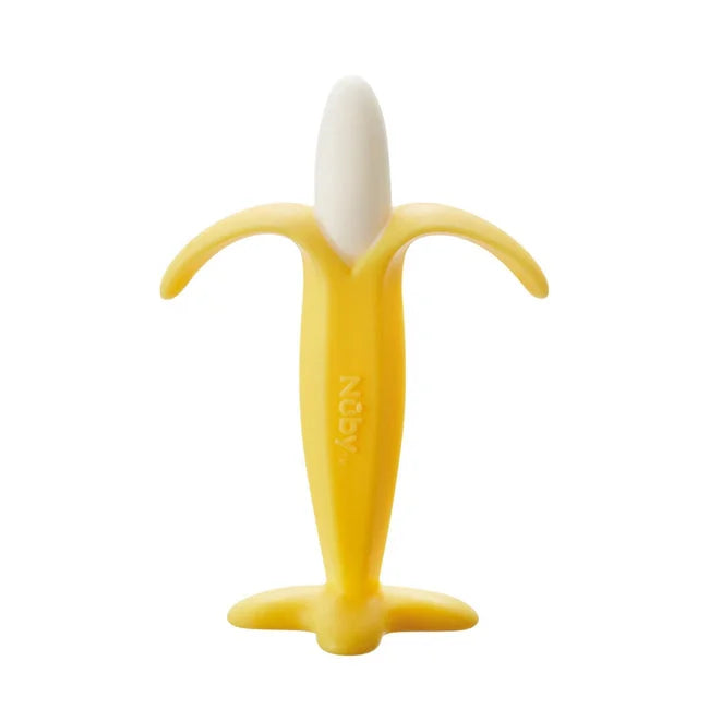 The Nuby Banana Teether features a cute peeled-banana shape with yellow peel-like handles and a textured white tip, plus the Nuby logo on the side—making it an adorable and practical teether for babies.