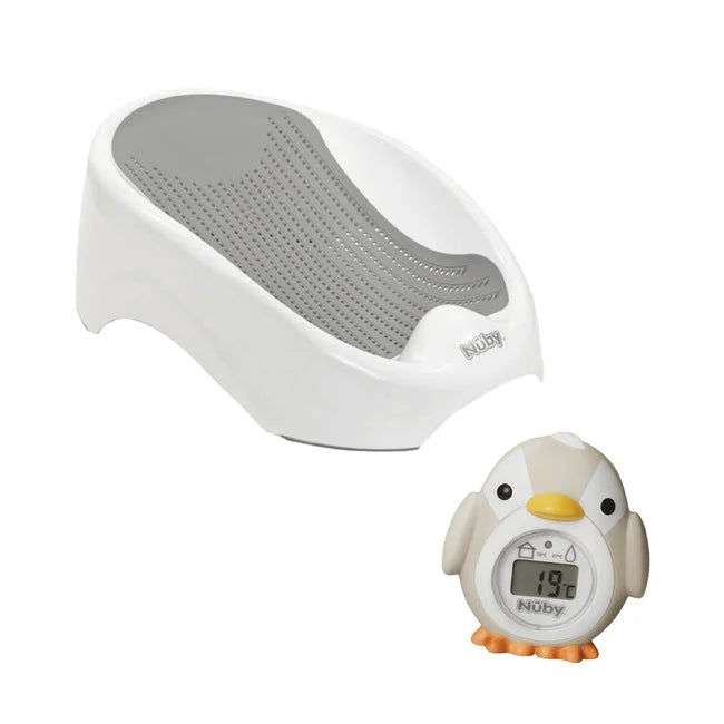 The Nuby UK Newborn Bath Support & Thermometer, featuring a white and gray seat and a penguin-shaped thermometer, helps you bathe your baby while easily checking the water temperature.