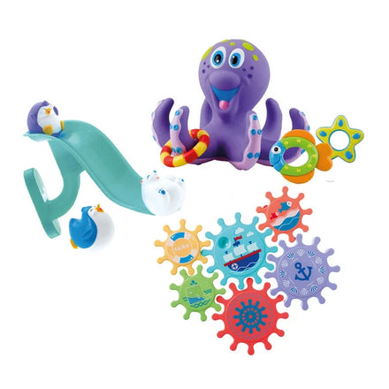 The Nuby UK Bath Toy Bundle 12 Months+ includes a purple octopus with rings, a teal seesaw with penguin and seal figures, and nautical gear-shaped pieces—a colorful sensory bath toy set for little ones.
