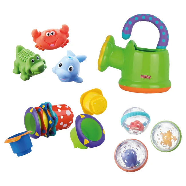 The Nuby UK Baby Bath Sets for Newborns 0-12 Months includes a green and orange watering can, red crab, green alligator, blue dolphin, two floating animal balls, stacking cups, and spinning toys—ideal as a baby shower or newborn gift.