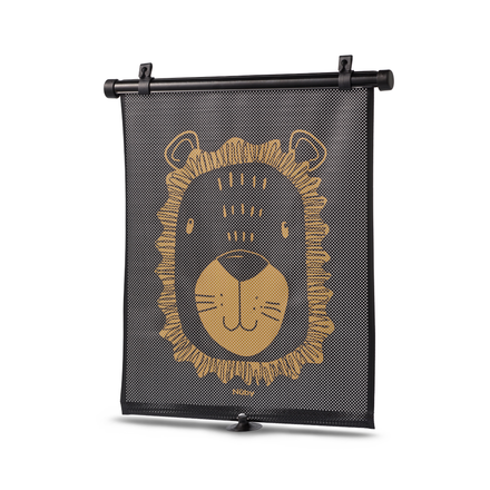 The Roller Blinds 2 Pack features black mesh shades with a cute, stylized lion face and yellow mane on a white background—perfect for adding fun and UV protection to your car for your little one.