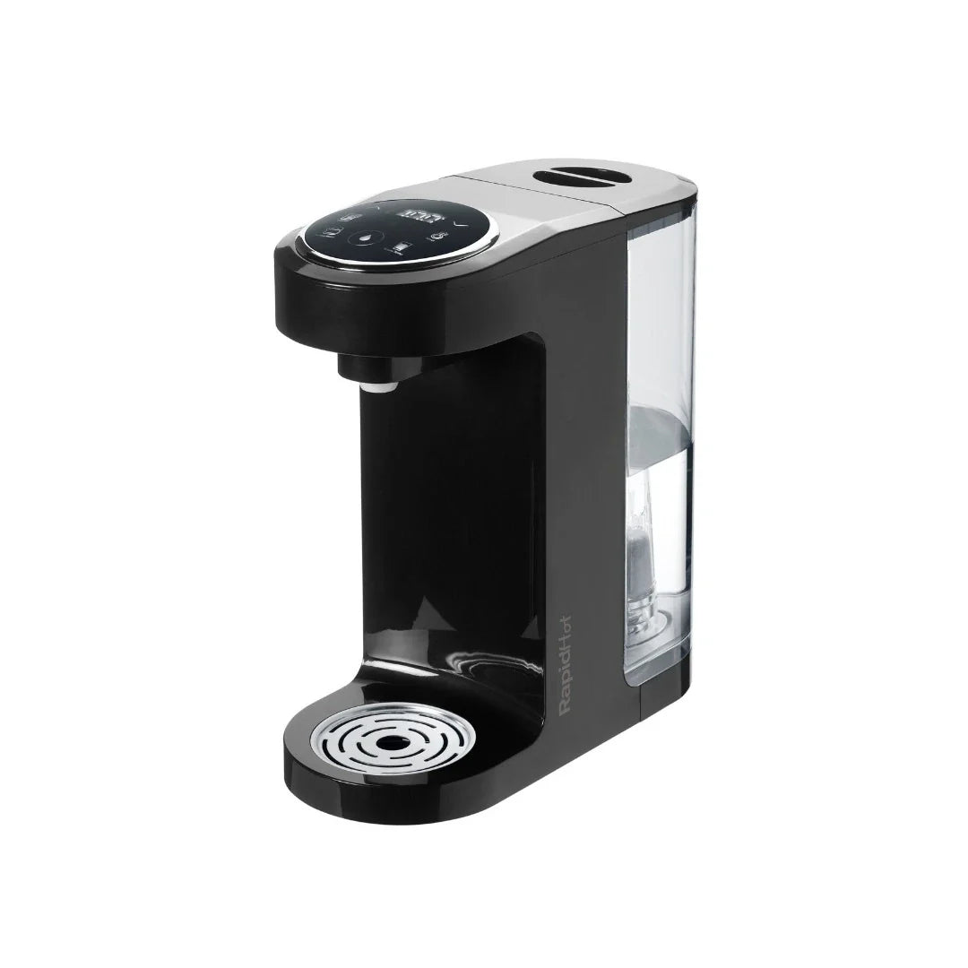 The Nuby UK RapidHot Formula Preparation Machine Black, featuring a digital display and transparent side reservoir, provides instant boiling water for baby bottles or hot drinks; shown here on a white background.