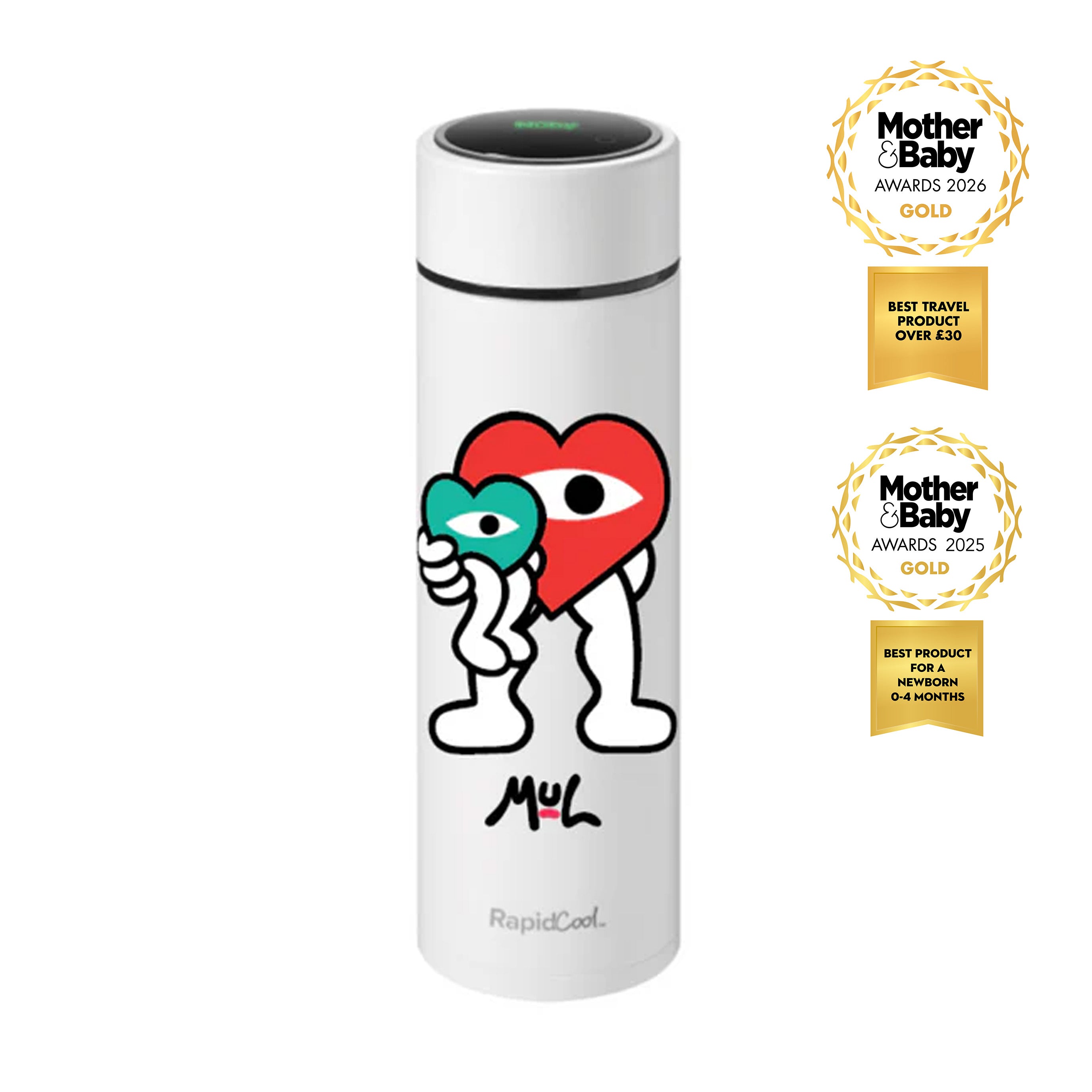 The Limited Edition Nuby RapidCool x Mul bottle features a cartoon character with a big red heart-shaped head holding a teal heart and displays a 2025 Mother & Baby Awards Gold badge, as well as an award for the Best Travel Product Over £30 from Mother&Baby in 2026. Perfect for formula feeding moments.