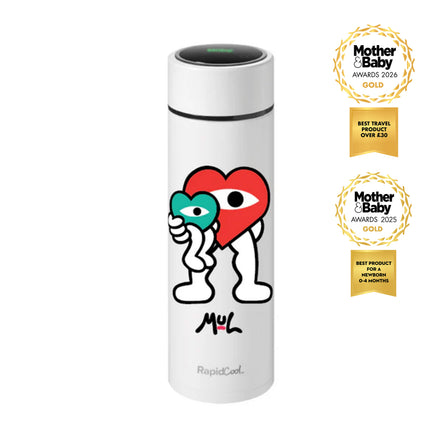 The Limited Edition Nuby RapidCool x Mul bottle features a cartoon character with a big red heart-shaped head holding a teal heart and displays a 2025 Mother & Baby Awards Gold badge, as well as an award for the Best Travel Product Over £30 from Mother&Baby in 2026. Perfect for formula feeding moments.