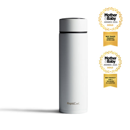 A sleek white RapidCool™ Portable Formula Feed Maker, portable and NHS-compliant, stands upright. On the right are two gold Mother & Baby awards: Best Travel Product (2026) and Best Product for 0-4 Months (2025).