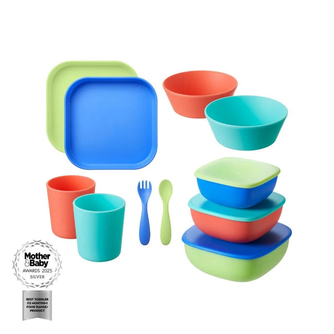 The Nuby UK Brights Complete Weaning Set features two plates, three lidded bowls, two cups, a fork, and a spoon in blue, green, teal & coral. Includes a Mother & Baby Awards 2025 Silver badge.