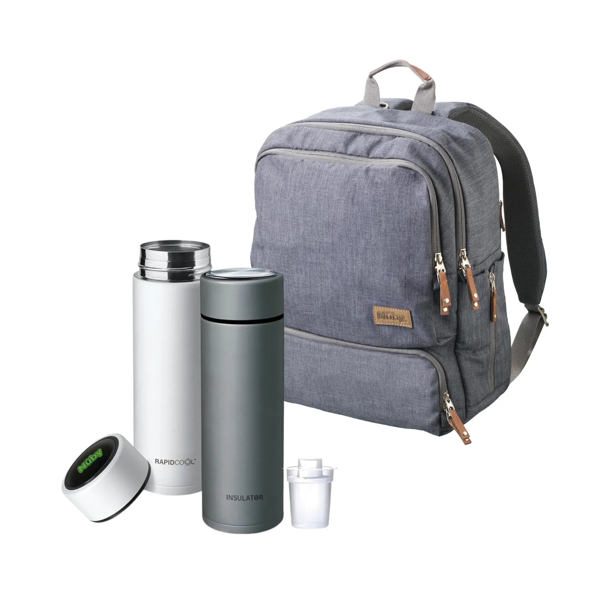 The Nuby UK Changing Bag with RapidCool™ Twin Pack Bundle is shown with a white bottle, small filter, and round digital device, making the perfect portable formula feeding set—all displayed on a white background.