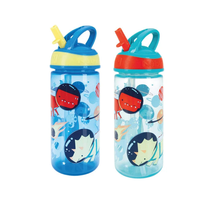 The Nuby Super Flip Water Bottles 2 Pack Dinosaurs features two toddler straw cups with playful blue and red dinosaur designs—one has a yellow lid and blue spout, the other has a red lid and teal spout.
