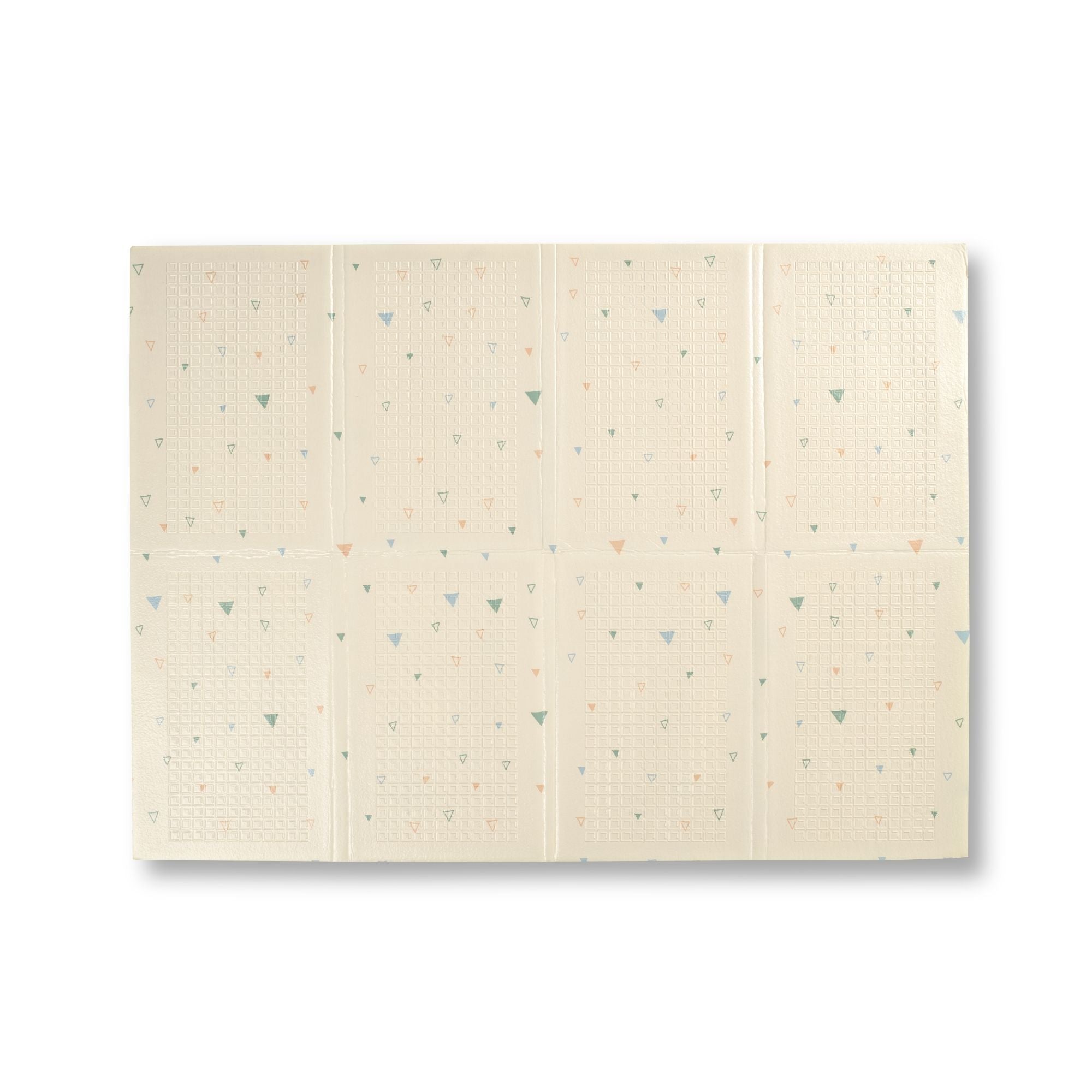 Eight rectangular beige Fold N Go Play Mat bandages with small scattered blue, orange, and green triangles are arranged in two rows on a white background.