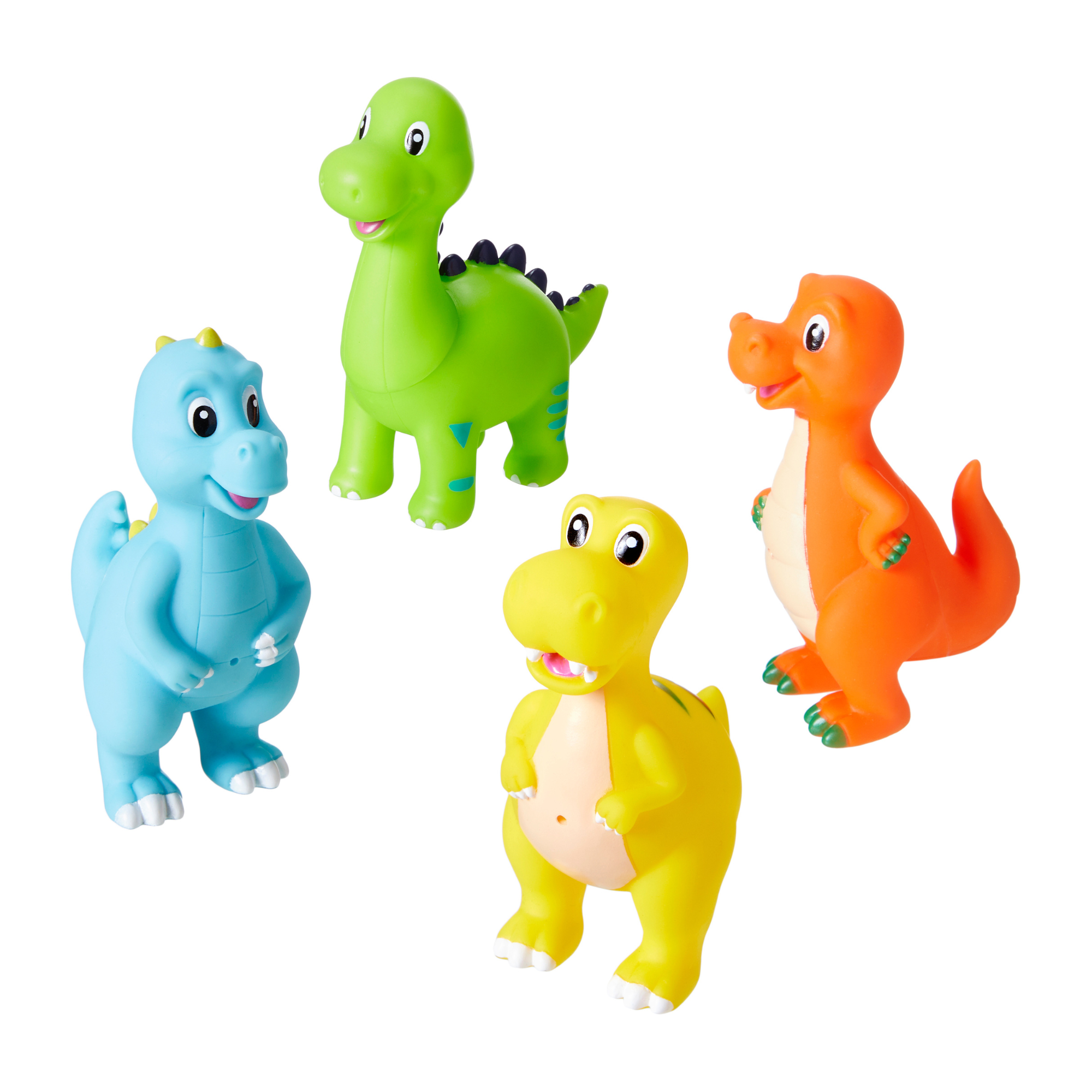 The Nuby UK Dino Squirters Bath Toy 4 pack features four colorful dinosaur bath toys—blue, green with dark spikes, yellow with a cream belly, and orange with green toes and a big smile—perfect for babies or toddlers.