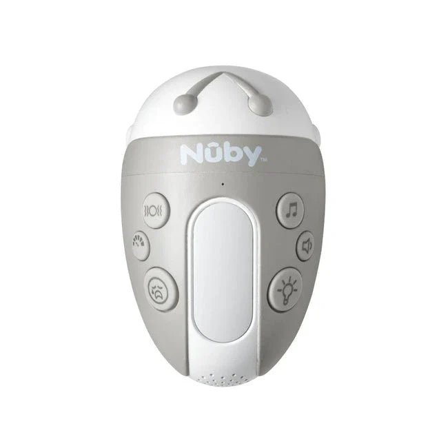 The Nuby UK Jitterbug Pram Rocker, a grey and white baby sleep aid, features multiple buttons for music, light, volume, timer, and more in a rounded handheld design with an antenna-like detail on top.