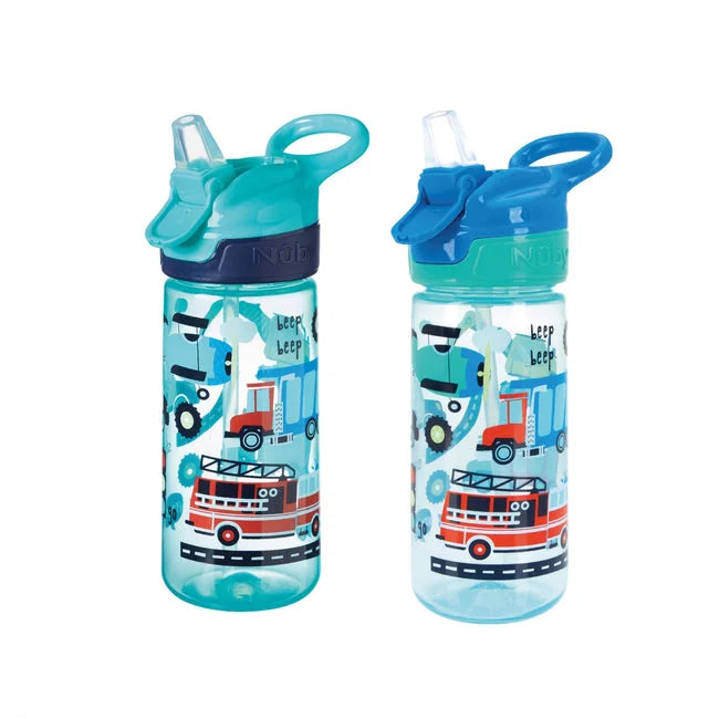 The Nuby Super Quench Water Bottle Trucks 2 Pack includes two clear kids’ bottles with blue and teal lids, built-in straws, and colorful truck and car designs with “Beep Beep”—perfect for on-the-go hydration.