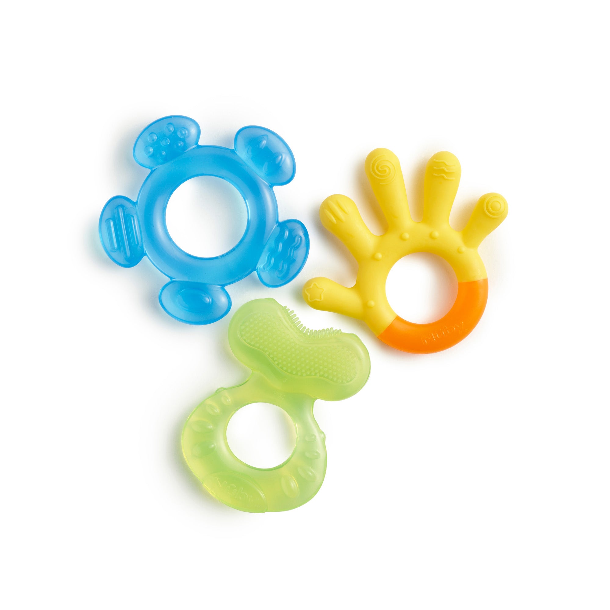 The Nuby 3 Stage Teether Set includes three colorful teethers—yellow hand-shaped, green textured, and blue circular with paw details—specially designed for infants and displayed on a white background.