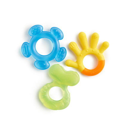 The Nuby 3 Stage Teether Set includes three colorful teethers—yellow hand-shaped, green textured, and blue circular with paw details—specially designed for infants and displayed on a white background.