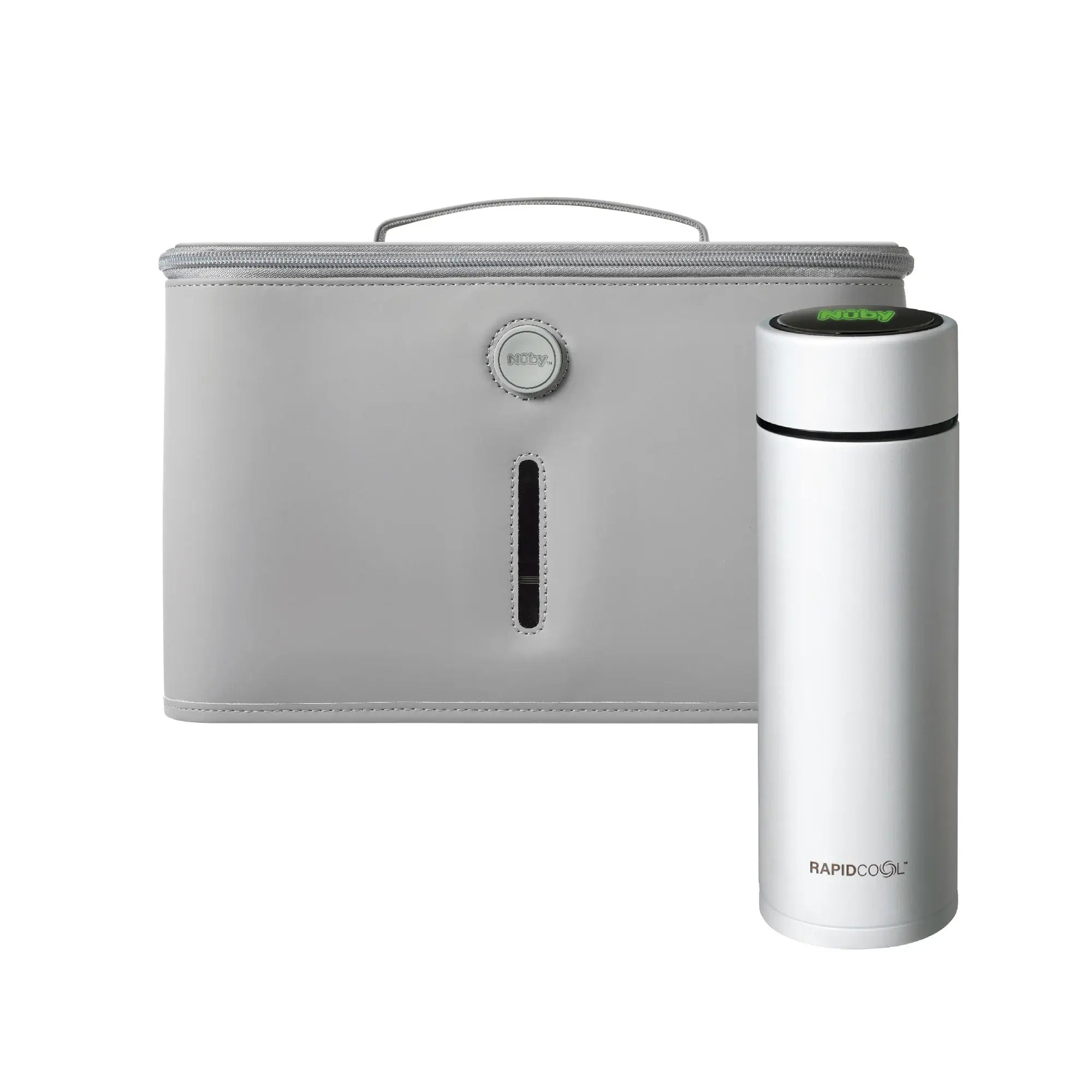 The Nuby UK RapidCool™ Bottle Maker and UV Steriliser Bundle includes a sleek grey carrying case with handle and logo, and a tall white insulated travel mug—ideal for formula feeding on the go.