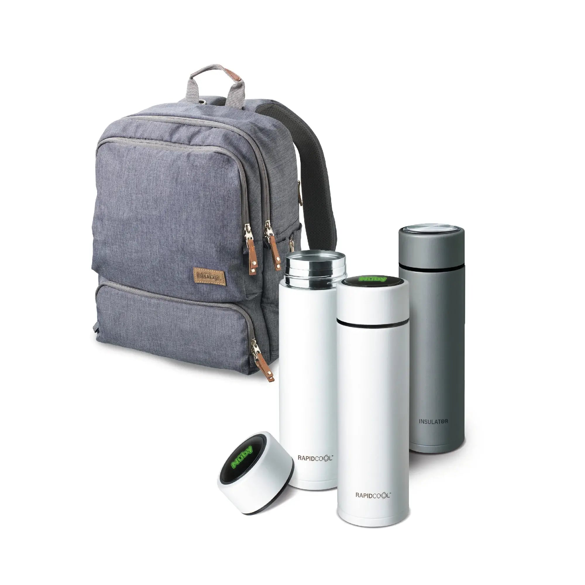 A gray Nuby UK RapidCool™ Kit and Changing Bag Bundle is shown behind three insulated flasks and an opened bottle cap, all with digital temperature displays on their lids, set against a white background.