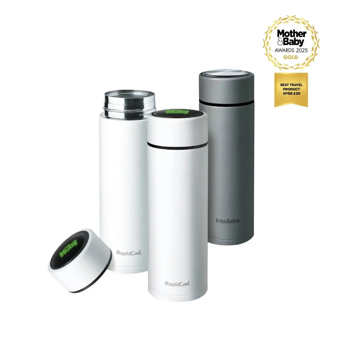 Three insulated travel bottles—two white, one gray—with lids removed to reveal the interior, from the Nuby RapidCool Kit for formula feeding on the go. A gold Mother & Baby Awards 2025 badge appears in the top right corner.