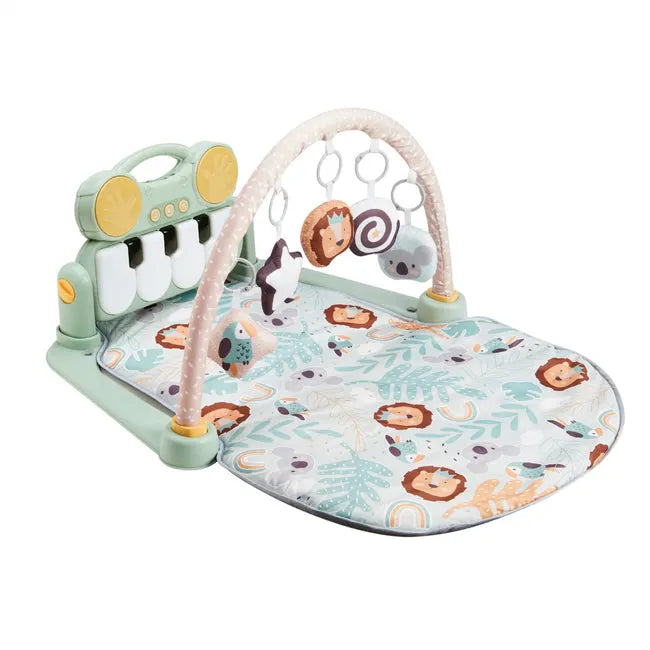 The Nuby Animal Adventures Piano Play Mat & Gym features a cushioned surface, light green frame, piano keyboard, sensory hanging toys, and a colorful mat with lions, koalas, and leaves for infants.