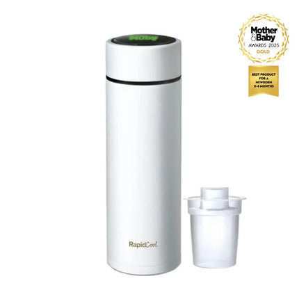 A white Nuby RapidCool™ Portable Formula Feed Maker with a small clear container beside it and a gold Mother & Baby Awards 2025 badge displayed in the top right. NHS guidelines compliant for safe, on-the-go feeding.