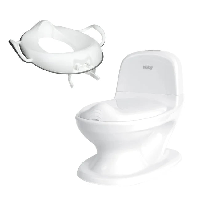 The Nuby UK Potty Training Kit Bundle includes a white child’s potty with removable seat and side handles, shown separately above the potty—an essential addition to any potty training routine.