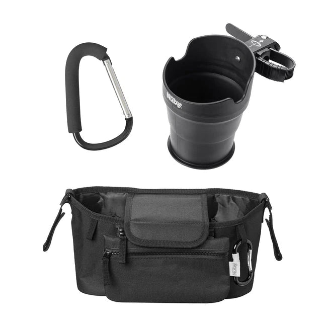 The Nuby UK Pram and Pushchair Accessories Bundle includes a black organizer bag with multiple pockets, a foldable cup holder, and a large metal carabiner with foam grip—all in sleek black for style and convenience.