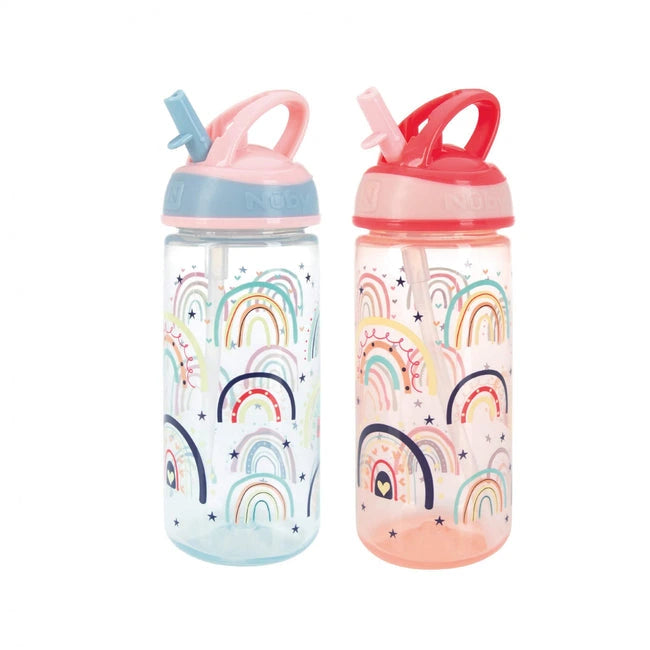 The Nuby Super Flip Rainbow Water Bottle 2 Pack features two colorful bottles with star patterns, built-in straws, and handles—one with light blue accents and a sippy cup design, the other with a pink lid and peach base.