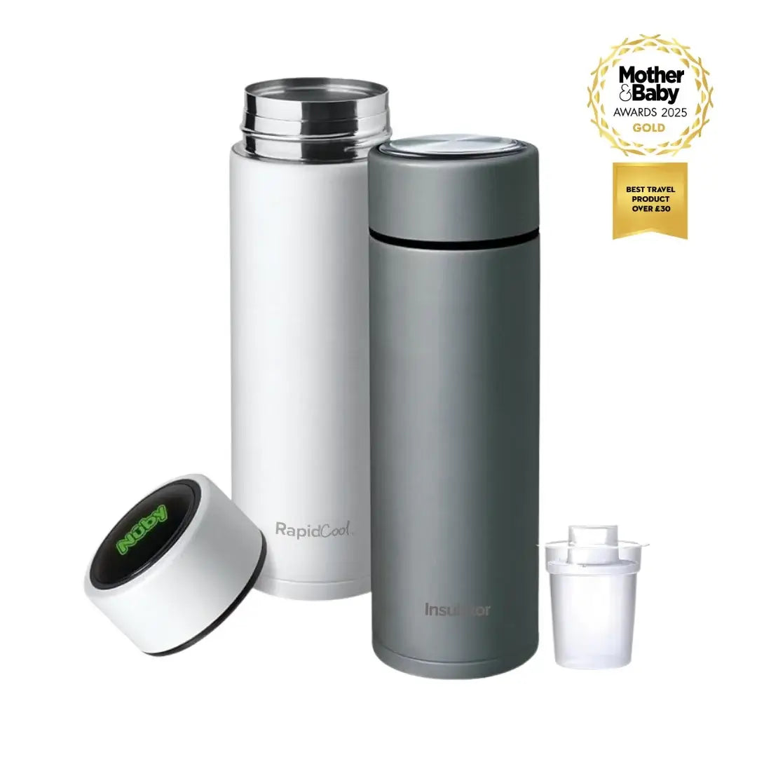The Nuby RapidCool™ Baby Bottle Maker Twin Pack, featuring one white and one gray bottle with lids and filters, stands upright—ideal for travel feeding. The Gold Mother & Baby Awards 2025 badge sits in the top right corner.