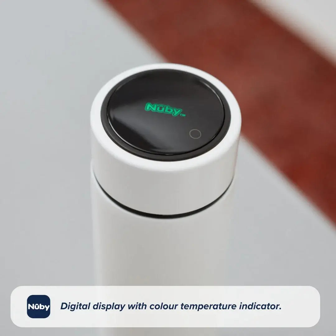 The limited edition Nuby RapidCool x Mul baby bottle in white features a lid with a digital display showing the Nuby logo and color temperature indicator—your perfect solution for cooling formula feeds.