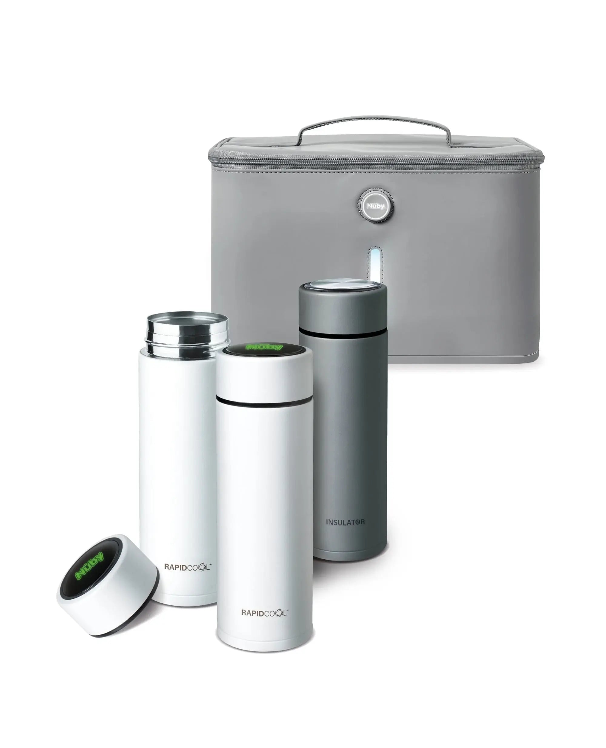 Three stylish bottles—two white, one gray—with black lids and Nuby UK branding are displayed before a gray insulated case. Perfect for the Nuby UK RapidCool™ Kit and UV Steriliser Bundle for convenient baby feeding on the go.