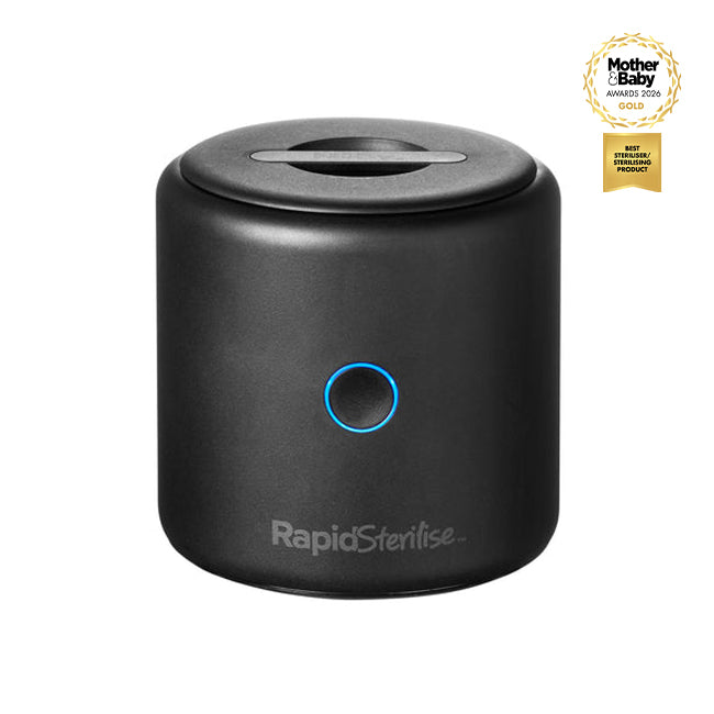 A black, cylindrical RapidSterilise Baby Bottle Maker Steriliser by Nuby UK, featuring a blue-lit circular button on the front and a top slot, is shown against a white background.