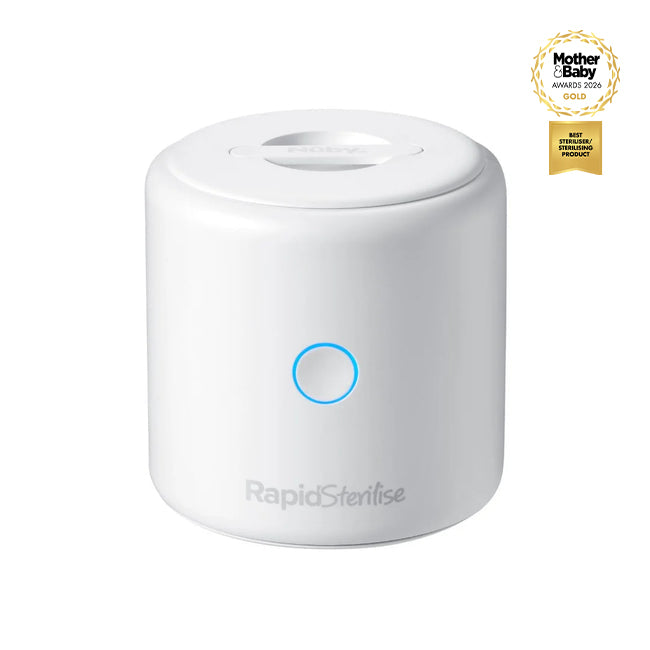 A small, white, cylindrical device labeled RapidSterilise Baby Bottle Maker Steriliser by Nuby UK features a circular blue-lit front button and is shown on a plain white background. It sterilises baby bottles using UV technology. With the Mother&Baby Gold award for Best Steriliser/ Sterilising Product for 2026.