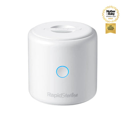 A small, white, cylindrical device labeled RapidSterilise Baby Bottle Maker Steriliser by Nuby UK features a circular blue-lit front button and is shown on a plain white background. It sterilises baby bottles using UV technology. With the Mother&Baby Gold award for Best Steriliser/ Sterilising Product for 2026.