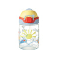 The Nuby Super Straw Sippy Cup is a clear plastic cup with a yellow lid, red and blue accents, flip-top lock, and built-in straw. The no-spill cup features a colorful sun and fish design with sunny inside the sun.
