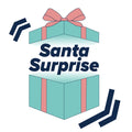 Illustration of a turquoise gift box with a pink ribbon and bow, the lid floating above with Santa Surprise Christmas Bundle by Nuby UK written in bold letters between lid and box. Navy blue decorative lines surround this festive baby Christmas gift.