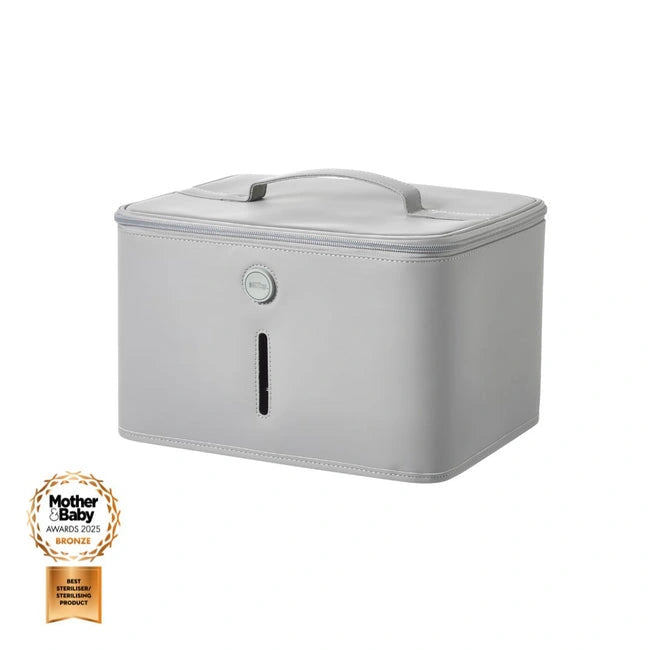 The Nuby 3 Minute UV Baby Steriliser is a light gray rectangular storage box with a handle, small circular logo, and front vertical slit. A Mother & Baby Awards 2023 Bronze badge is shown in the bottom left corner.