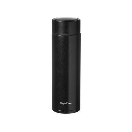 The Nuby Black RapidCool™ Portable Formula Feed Maker is a sleek, black insulated tumbler with a screw-on lid and RapidCool logo, ideal for fast formula cooling on the go and supporting NHS safe feeding guidelines. Shown on a plain white background.